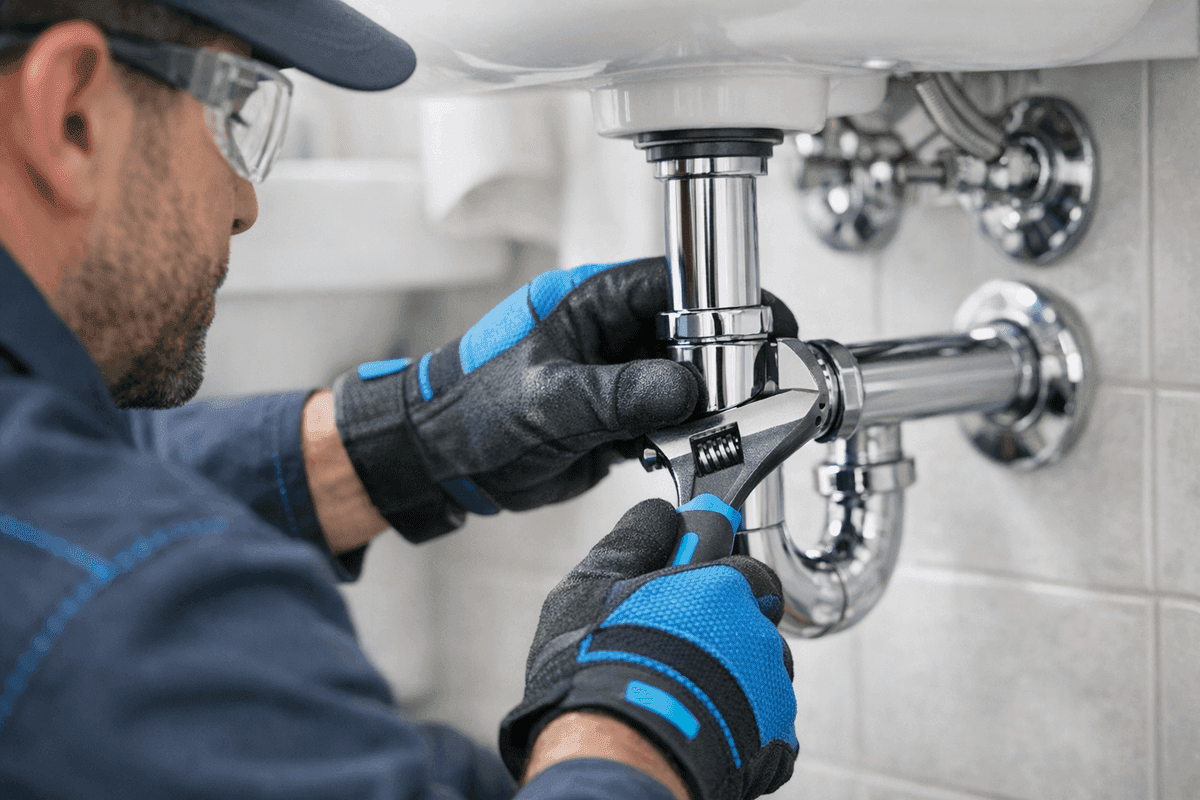 Plumber's gloved hands tightening pipe joint with wrench in residential bathroom